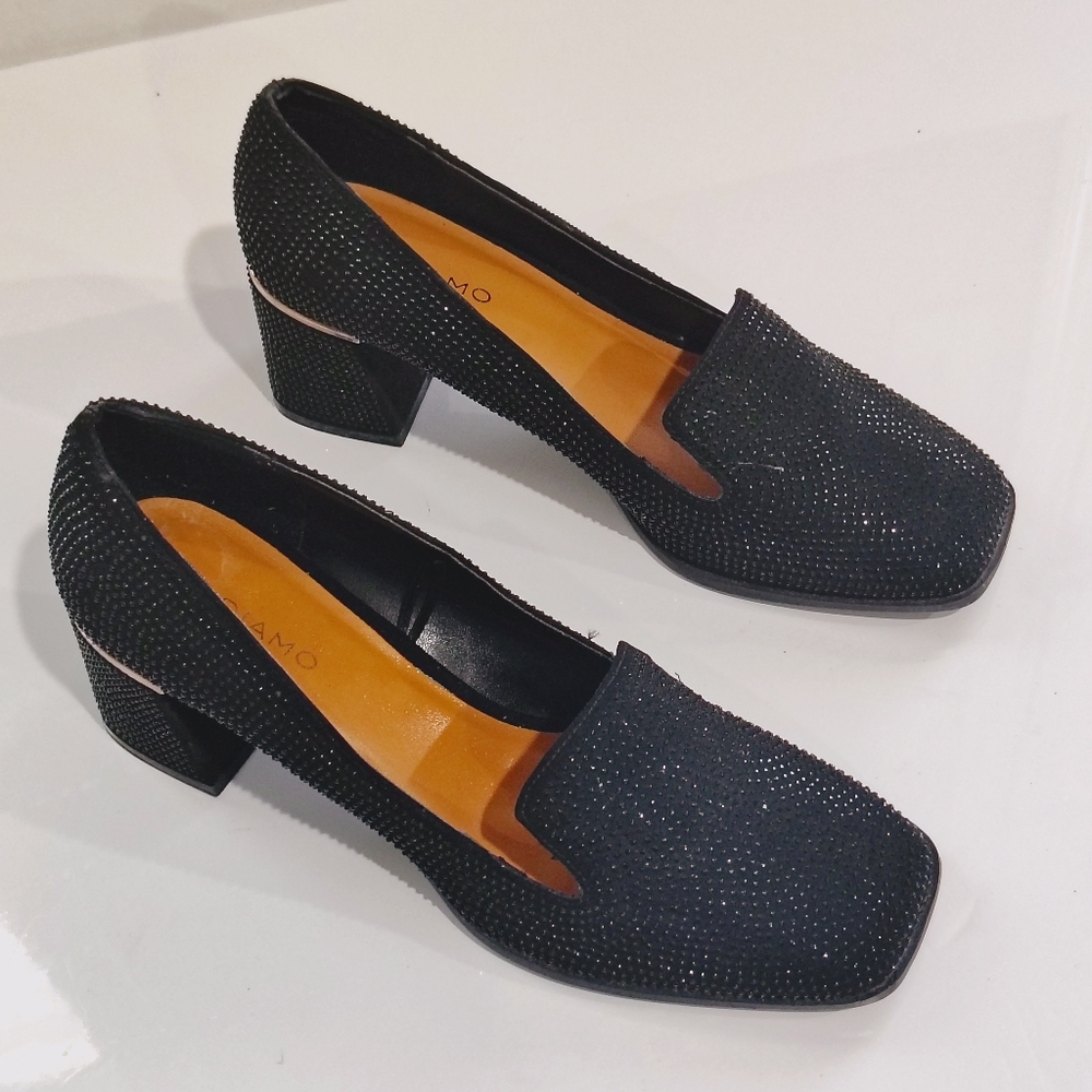 Andiamo Black Crystal-Embellished Low Block Heel Loafers Size 10